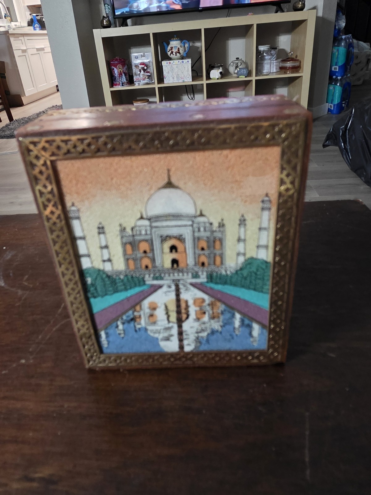 Indian Taj Mahal Glass Gemstone Painting Jewelry Box With Brass Border