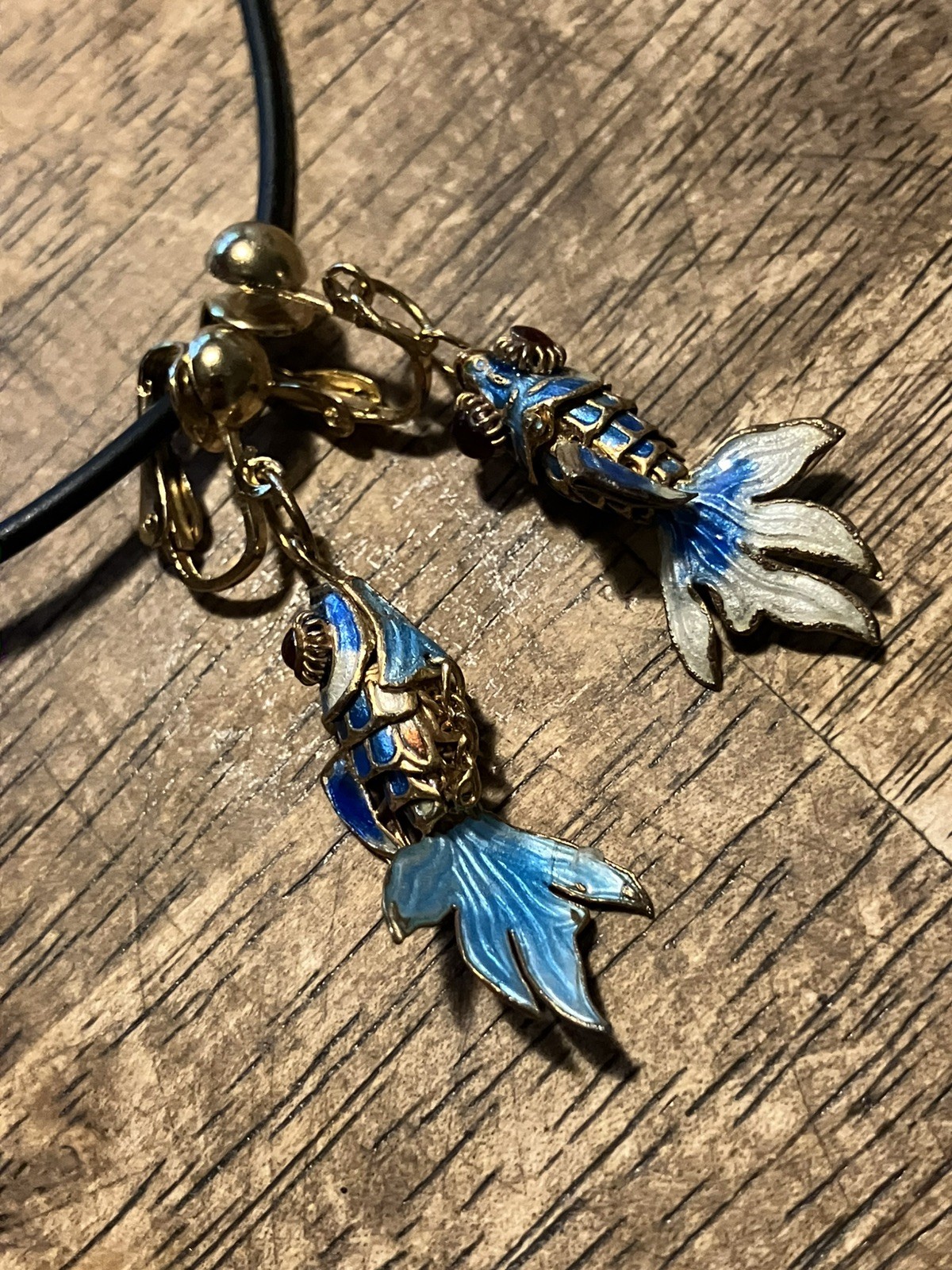 Vintage Articulated Koi Fish Clip On Earrings Blue and Gold Cloisonné Enamel