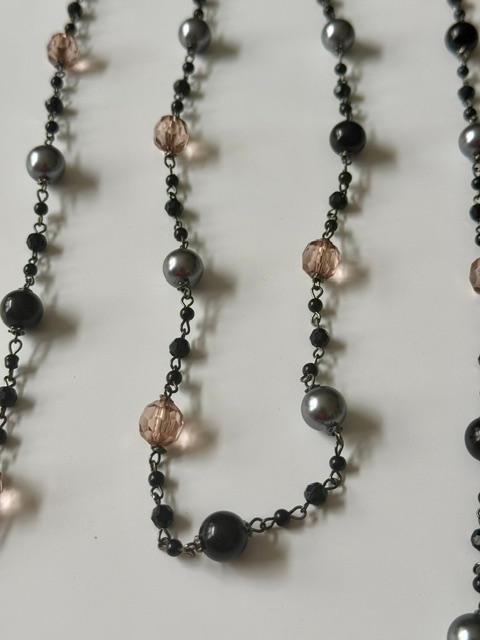 36” Black Gray Blush Pink Beaded Station Necklace No Clasp Opera Length Conditi