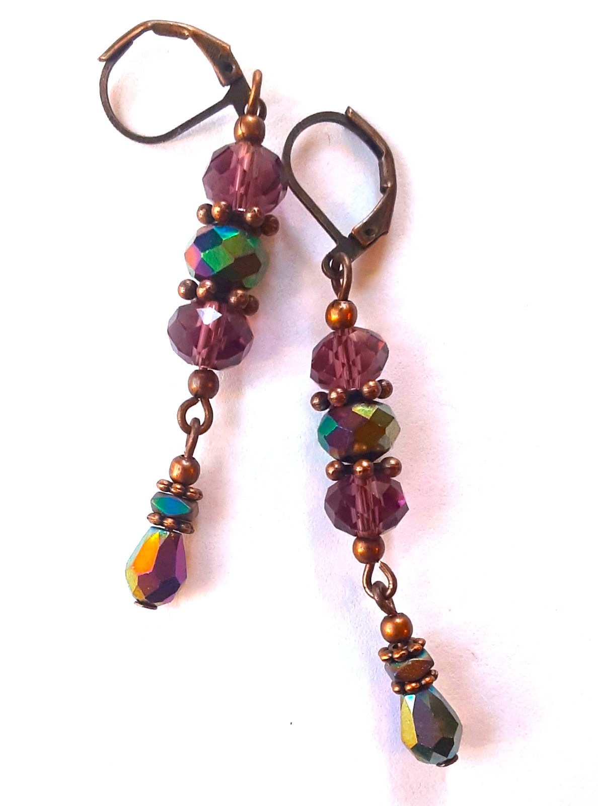 PLUM & RAINBOW crystal dangle COPPER earring LEVERBACK handmade #N25