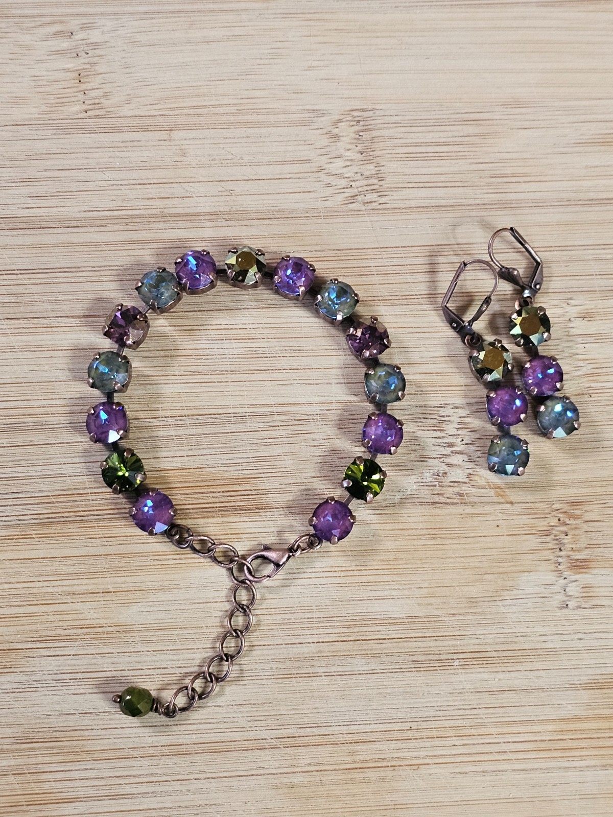 B1-9 Olive Purple Copper Drop Earrings Matching Cup Chain Bracelet Set