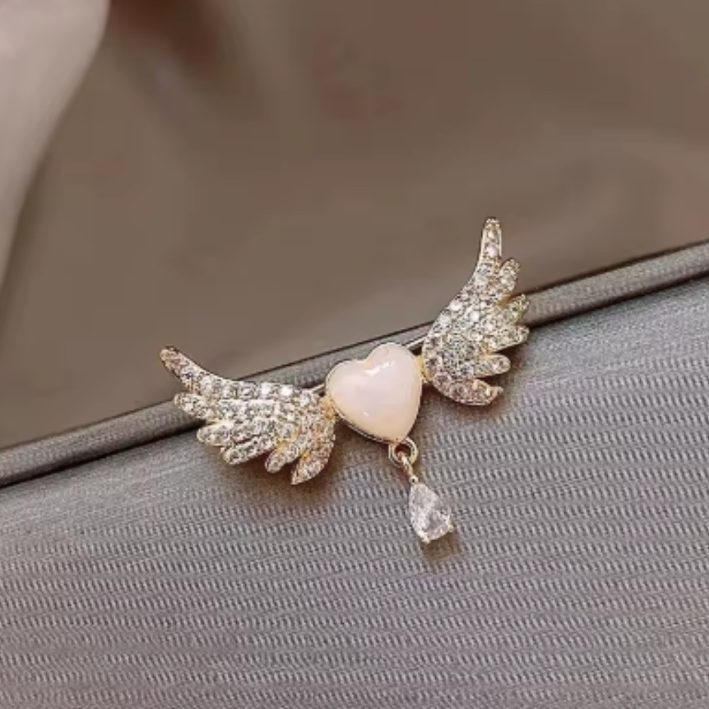 Art Deco Style Enamel Crystal Angel Wings White Heart Brooch Badge Pin Gift USA
