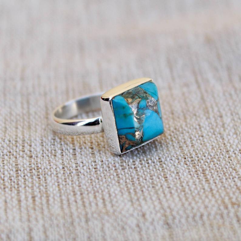 Sterling 925 Silver Blue Copper Turquoise Square Shaped Women Handmade Ring