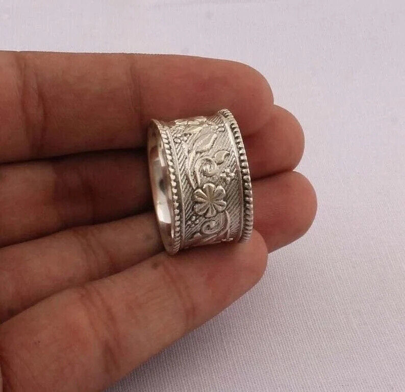 925 Sterling Silver Thumb Ring Handmade Wide Filigree Eternity Band Ring SR264