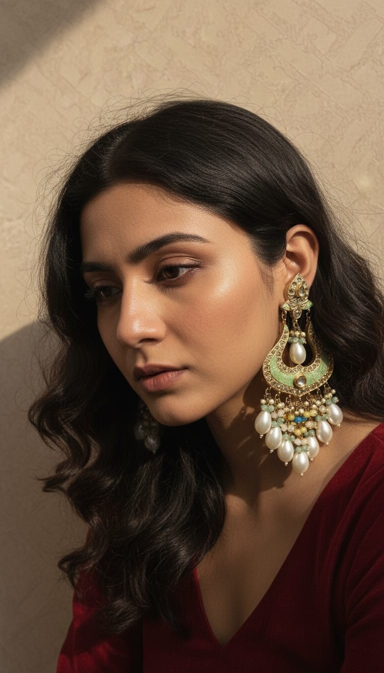 Traditional Kundan Pearl Chandbali Earrings with Pastel Beads for Women