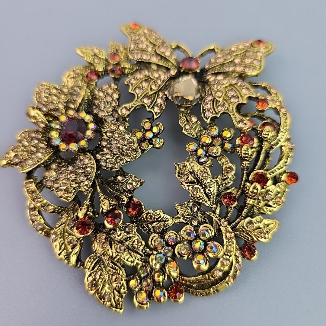 Large Garden Butterfly Brooch Vintage Rhinestone Statement Pin 3.75 in Tall