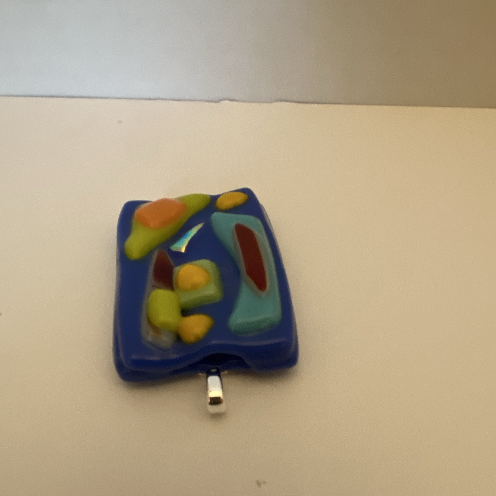 Fused Glass Silver Tone Bail Rectangle Multicolor Glass Charm Pendant Art Design