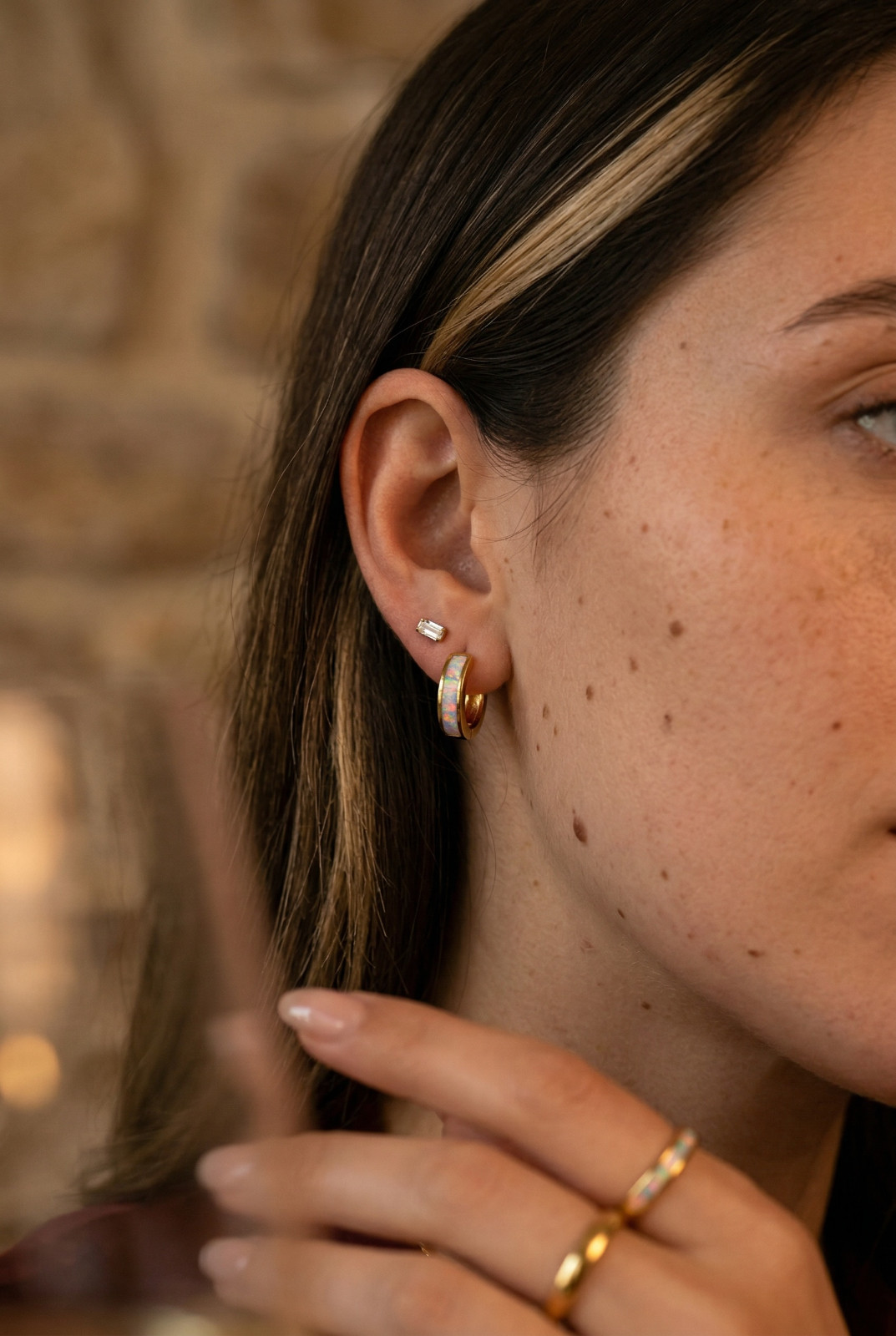 Opal Hoop Earrings | Elegant Silver Opal Huggie Set | Everyday White & Blue Opal