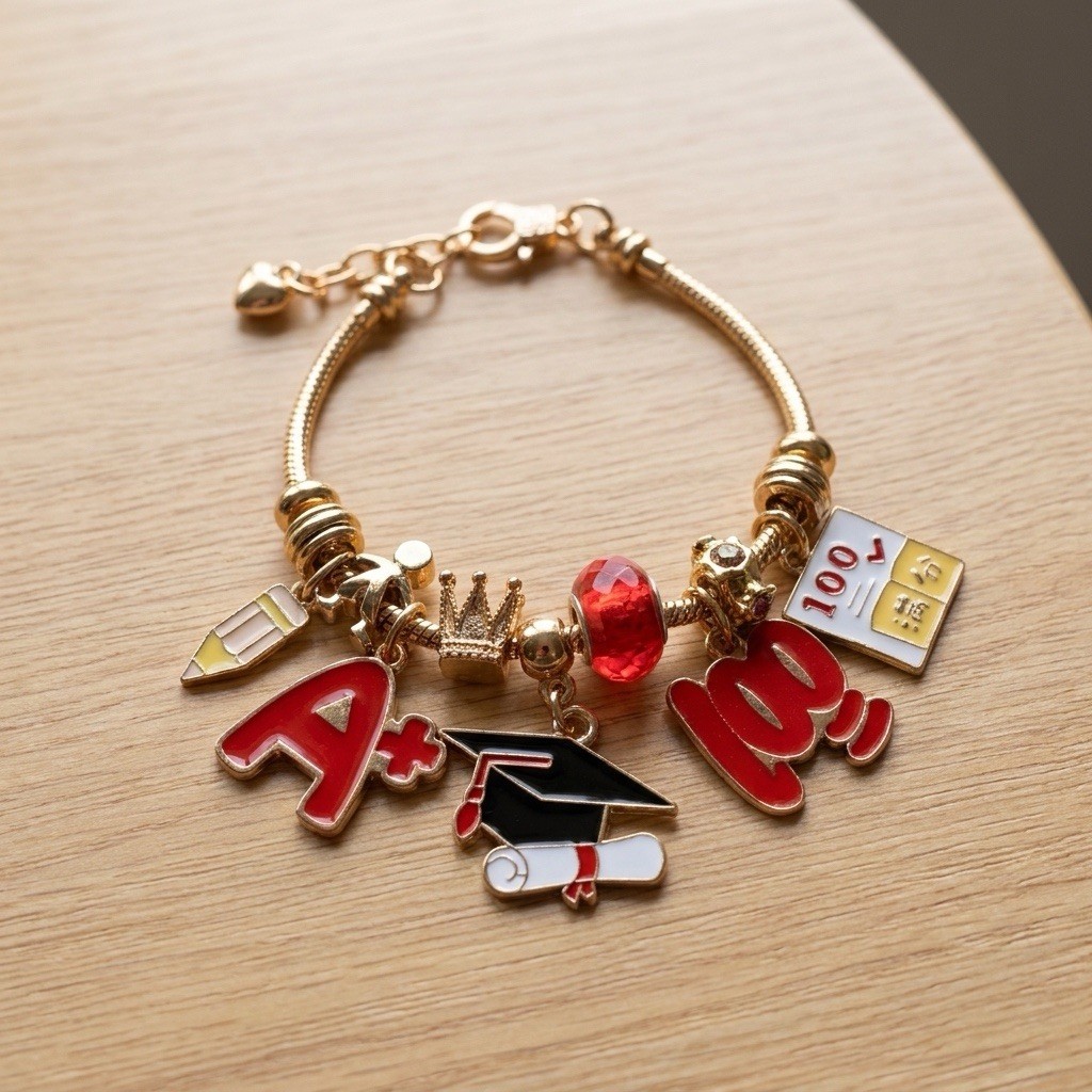 NEW Gold-Tone Snake Chain Charm Bracelet w/Lobster, Red Bead, Graduation Charms