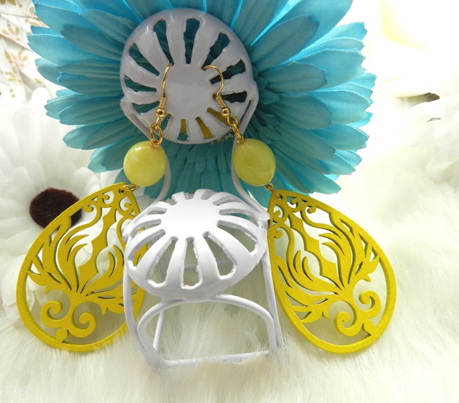 Phoenix Wood Teardrop Earrings: Yellow, Stainless Steel Fish Hooks, Handmade