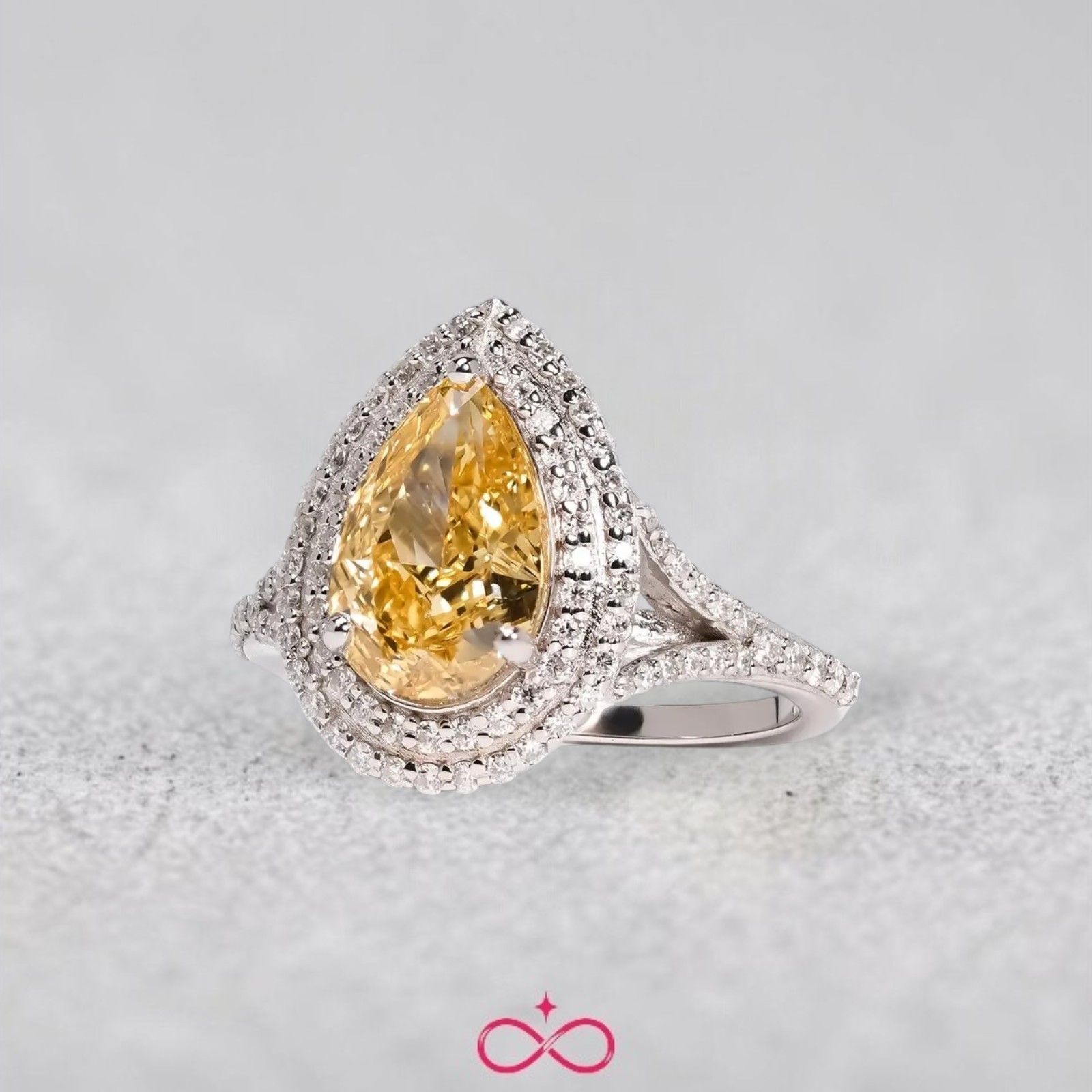 Fancy Intense Yellow Diamond Ring IGI Lab Grown 3.70 Ct Pear Cut 14K White Gold