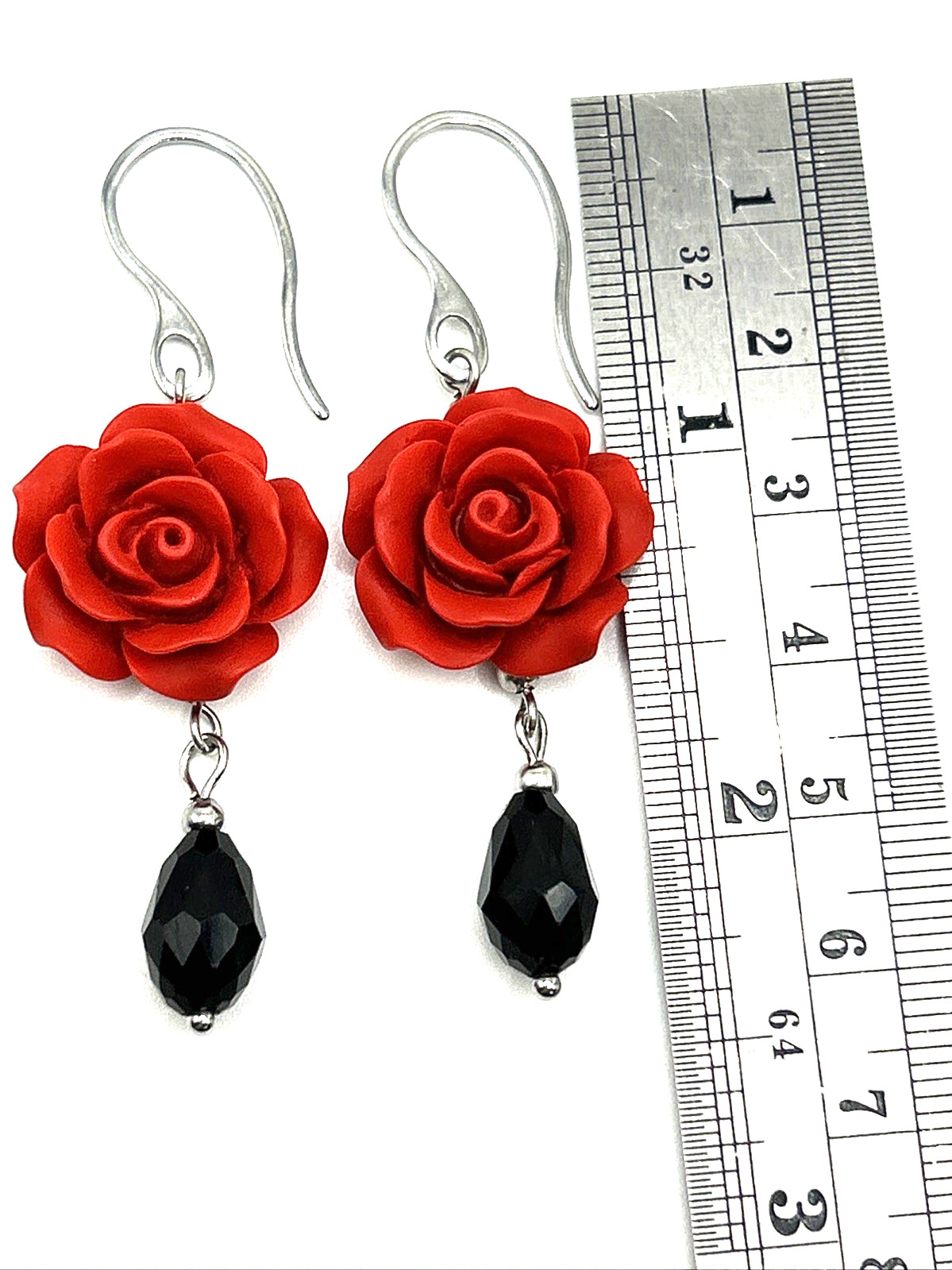 Jumbo Red Cinnabar Roses w Black Drop Stainless Steel Hooks Dangle Earrings GOTH