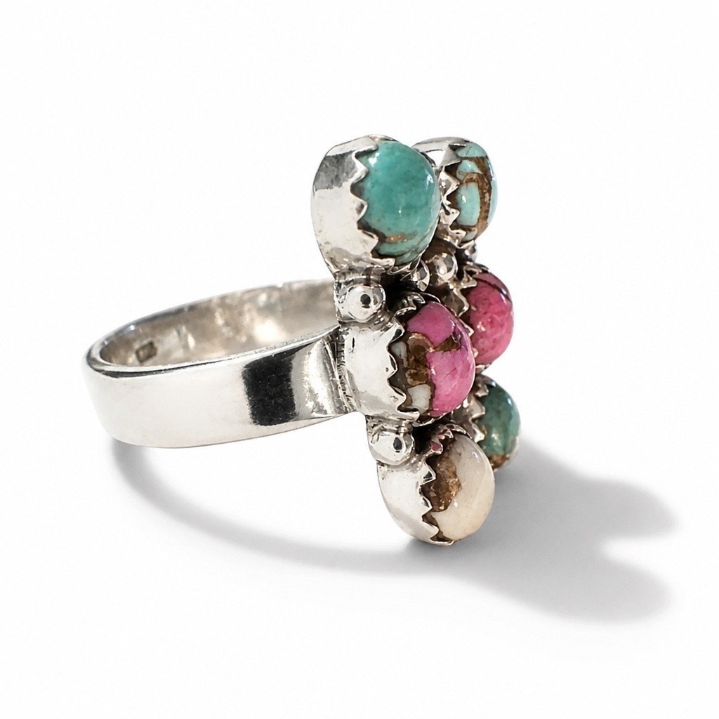 Cotton Candy Turquoise Cluster Rectangle Ring Size 8 Adjustable Sterling