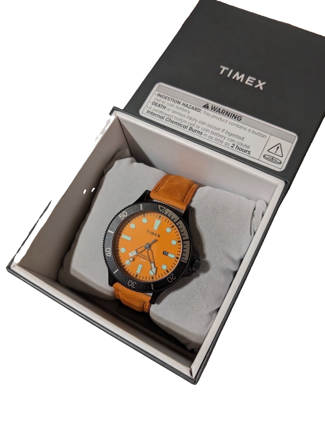 Timex Navi XL Quartz 43mm 100m Orange Dial Date Black Case Brown Strap w/Box