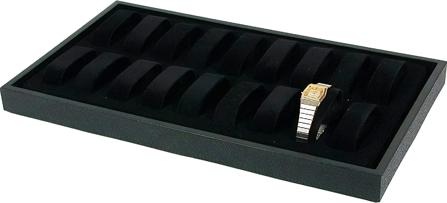 14-3/4” x 8-1/4” x 1-1/8” Black Velvet 18 Slot Women Watch Tray Display Case