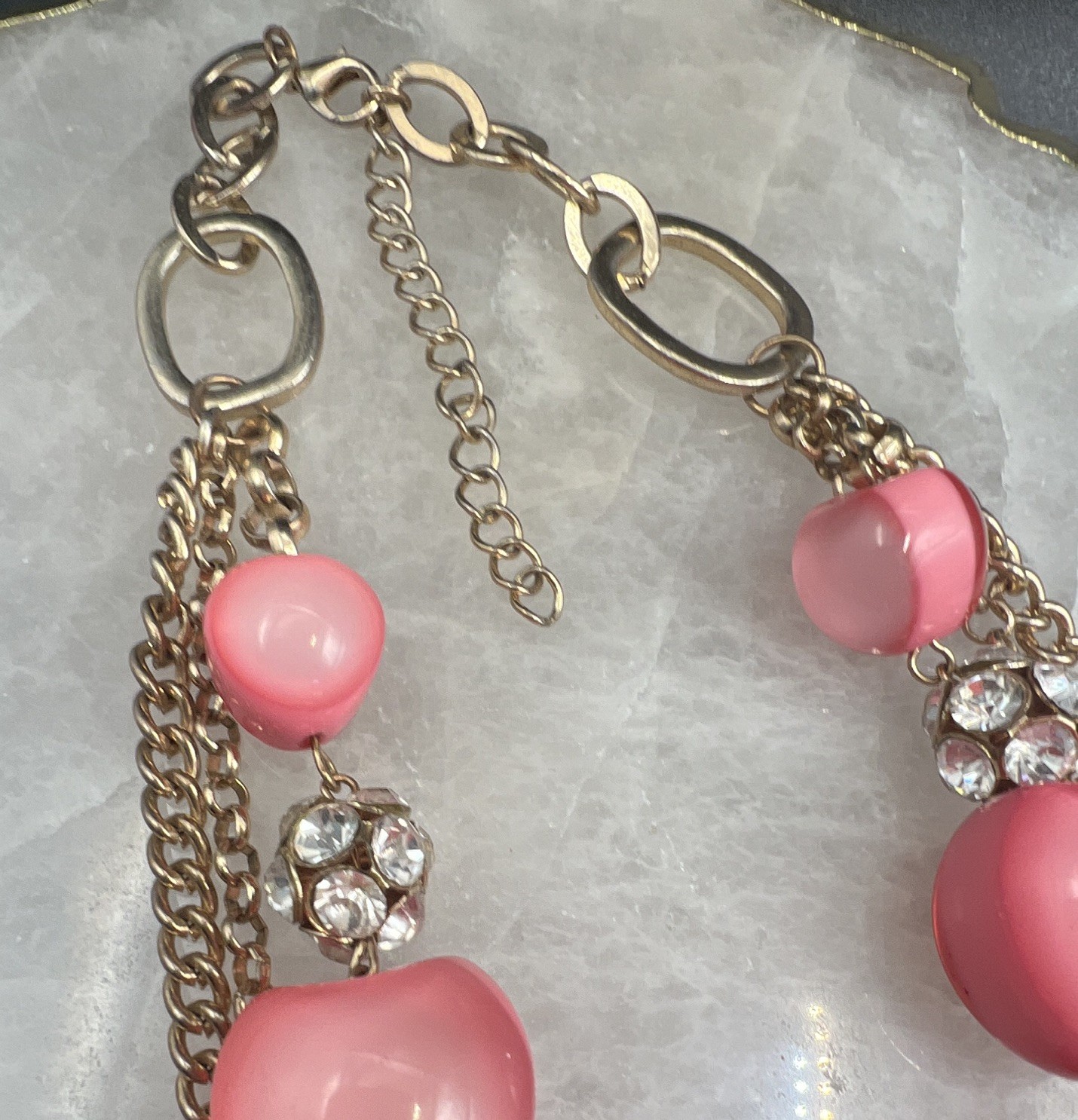 Pink Multi-Strand Beaded Cable Chain Necklace, Clear Crystal Pavé, Gold Tone