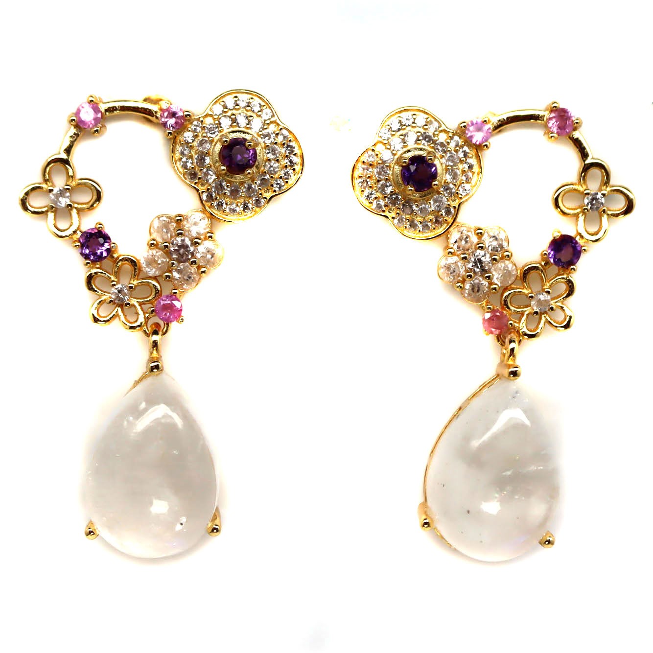 925 Silver 10×14 MM. Blue Rainbow Moonstone, Amethyst, Sapphire, Zircon Earrings