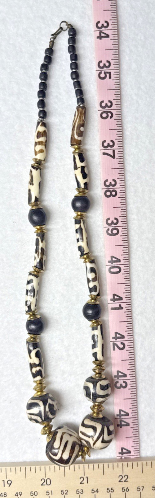 Tribal Wood Beaded Statement Necklace Black Cream Brown Boho Artisan Vintage