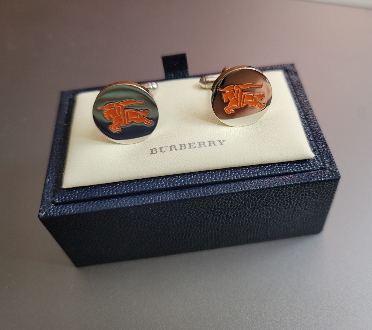 VTG NOS NEW Burberry Palladium Plated Orange Equestrian Knight Logo Cufflinks