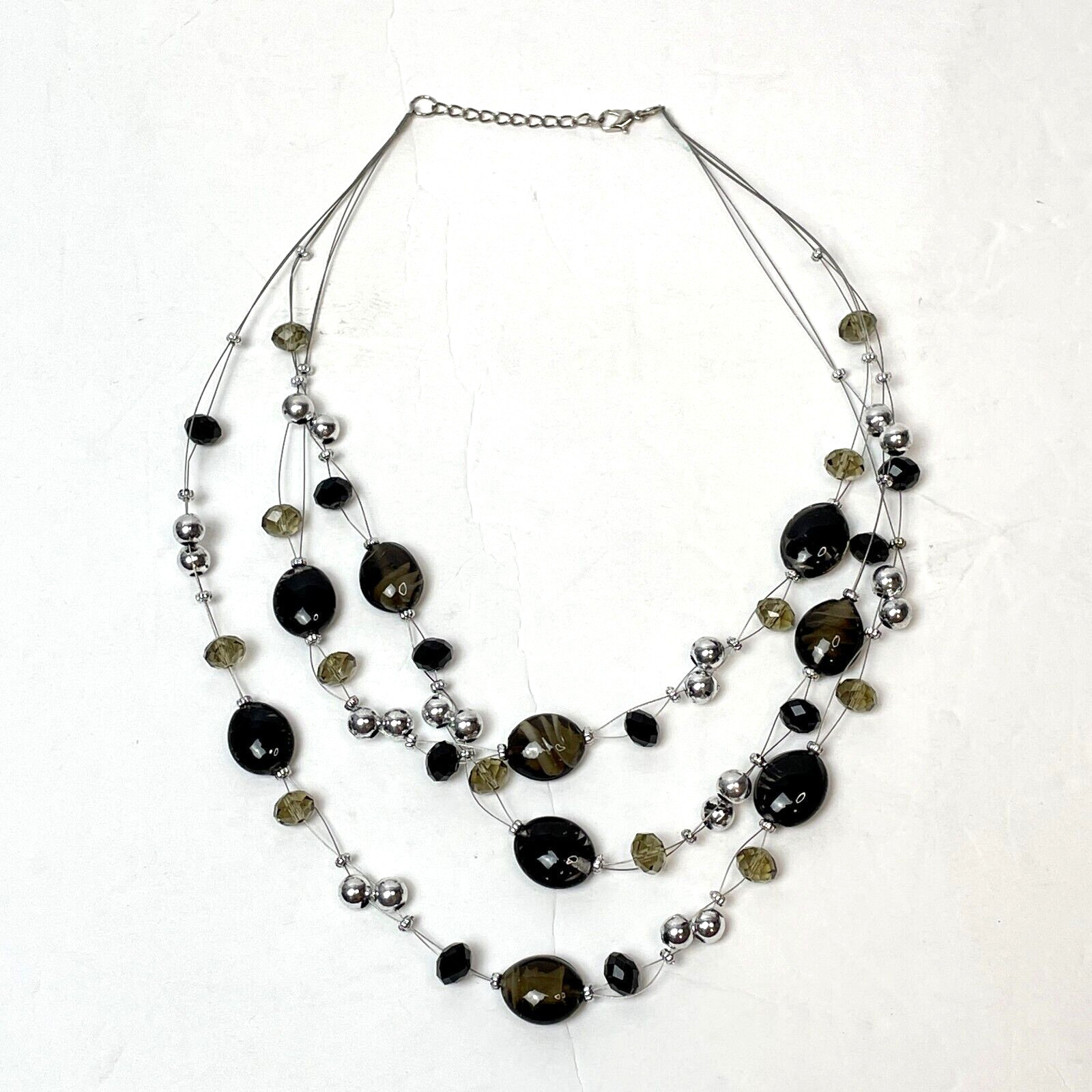 Triple Strand Layered Beaded Necklace Silver Black Green