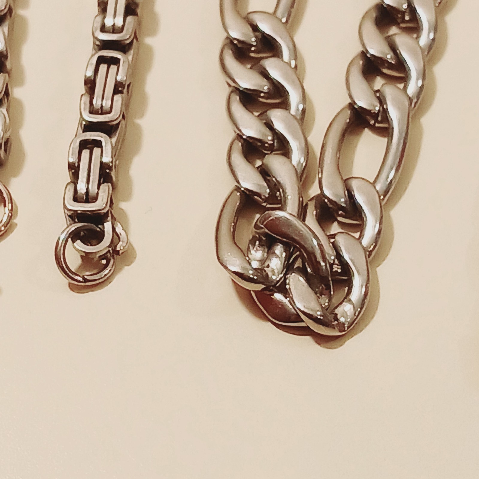 Stainless Steel Jewelry Set Lot: Byzantine Anklet 9″ Figaro Necklace 21″ Curb An