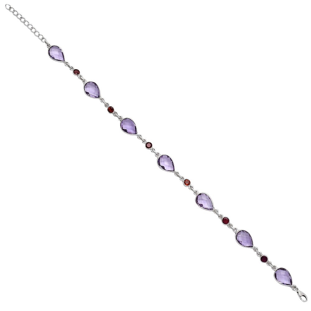 Amethyst Checker Briolette & Garnet 925 Sterling Silver Bracelet Jewelry B-1006