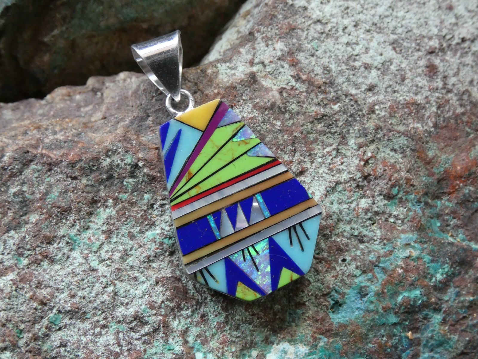 Southwestern Micro Inlay Gemstone Sterling Silver Aluminum Alloy Pendant AT5