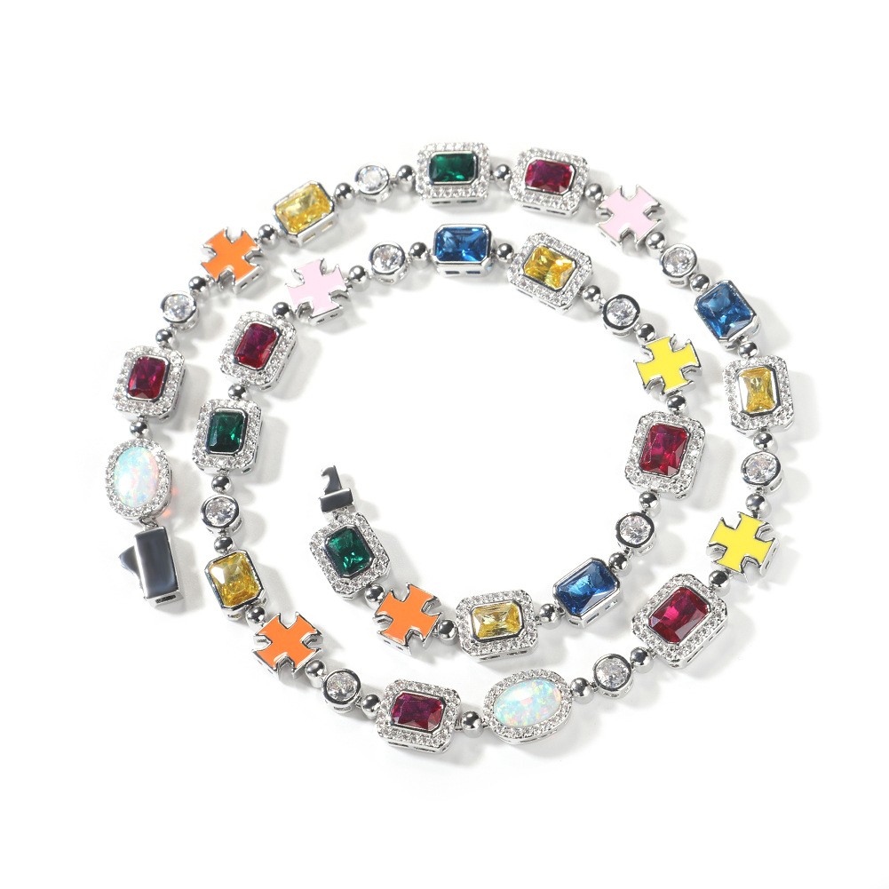 Gemstone Cross Tennis Chain Necklaces Bracelet Colored Men Women Hip Hop Jewelry