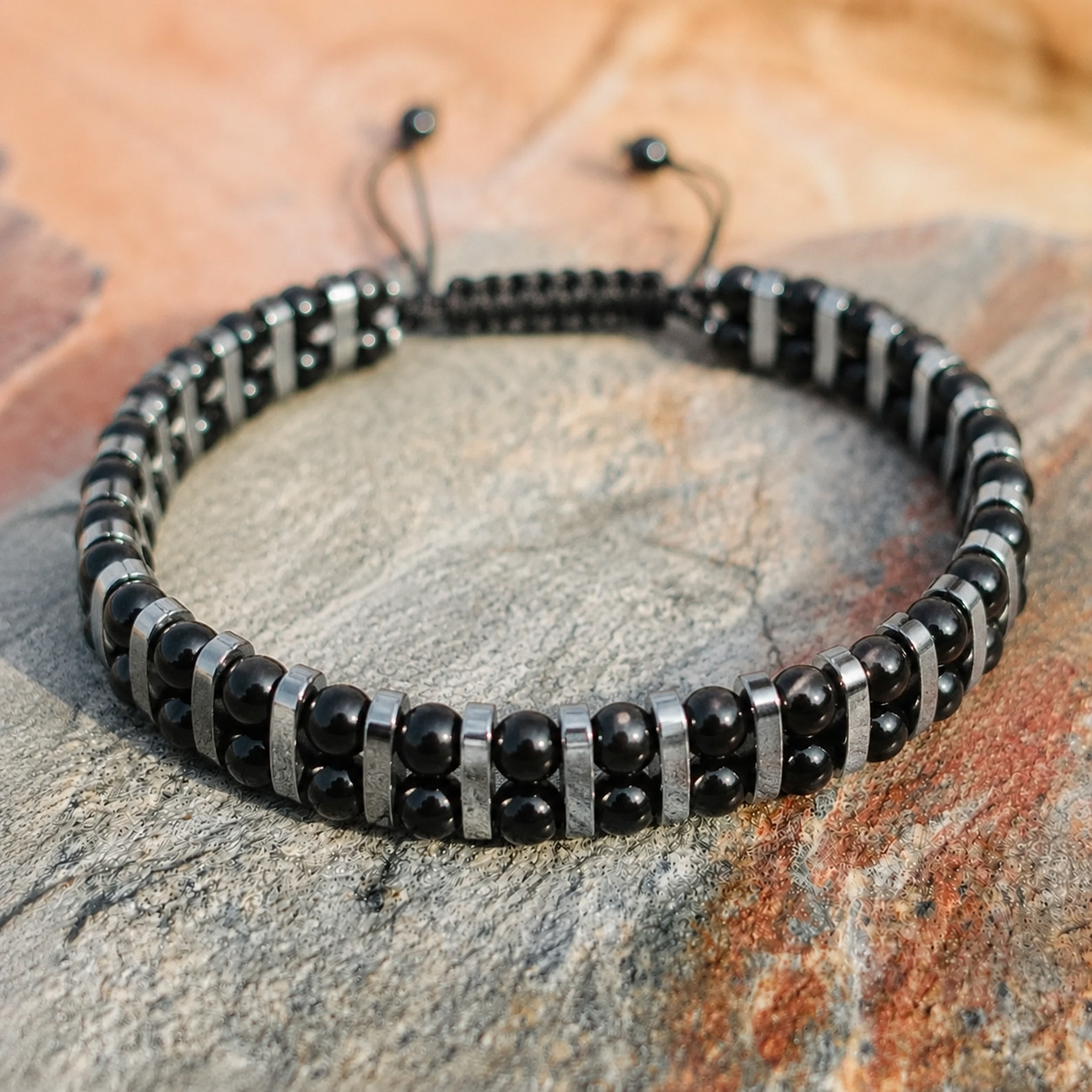 Mens Black Obsidian Beaded Bracelet Double Layer Braided Protection Jewelry Gift