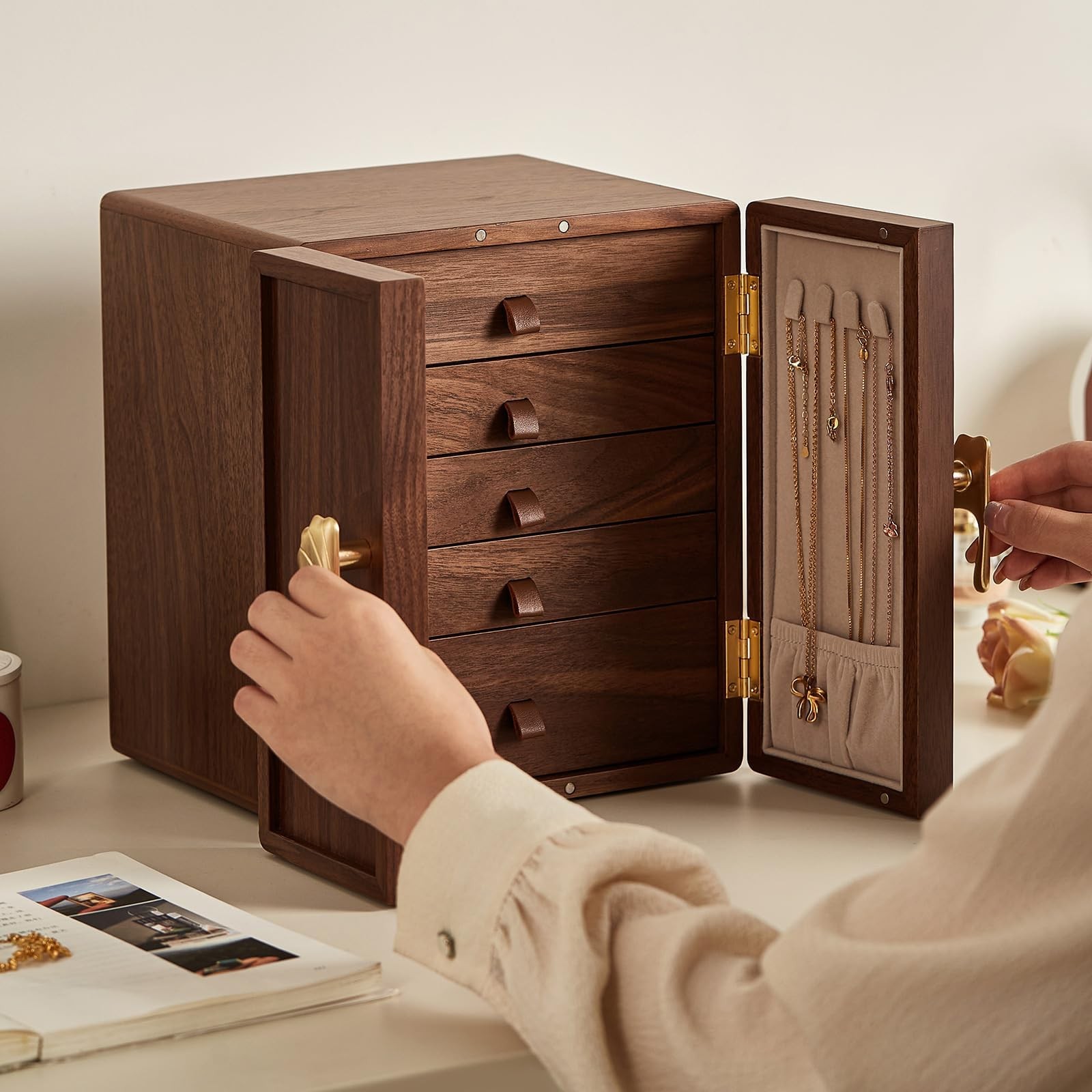 Black Walnut Wooden Jewelry Box 5 Layer Large Wood Jewelry Organizer Brass Ha…