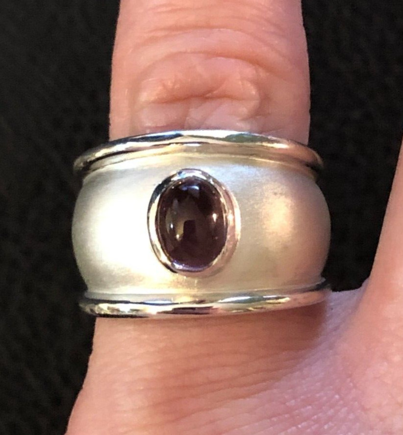 Sterling Silver Ring Cigar Band Matte Simulated Amethyst Cab 5×7 Sz6 7g 925 3341