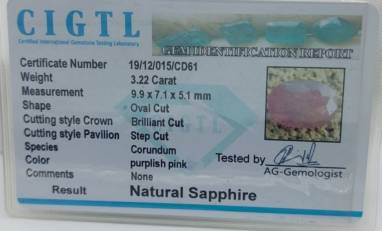 3.22 Ct.Precious Gem! Natural Purplish Pink Sapphire Unheated Kashmir Origi