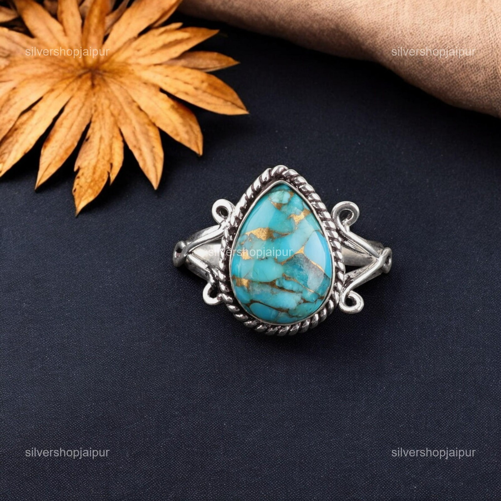 925 Sterling Silver Blue Copper Turquoise Gemstone Statement Mother Ring Jewelry