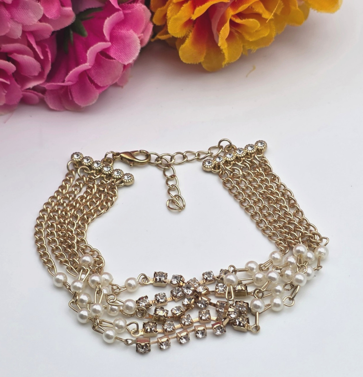 Gold Tone Clear Crystal White Faux Pearl 5 Strand Statement Bracelet 8-9.5 In