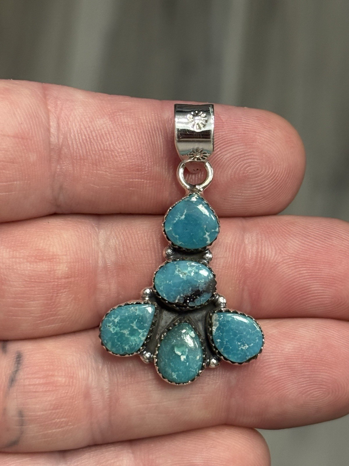 STERLING SILVER WHITE WATER TURQUOISE 5 STONE MIX SHAPE CLUSTER PENDANT .925