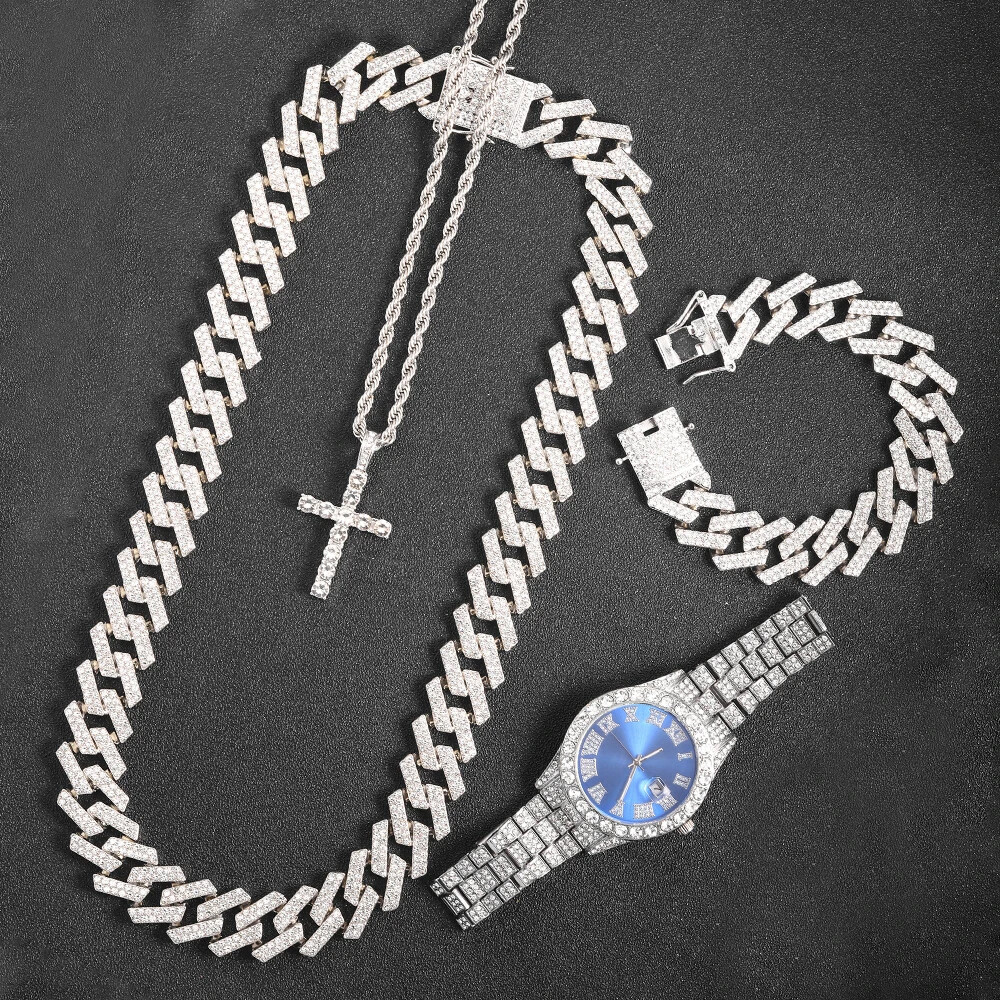 Hip Hop Simulated Diamond Luxury Watch Iced Cuban Chain Cross Necklace Bracelet