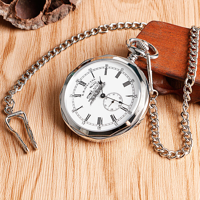 Silver Hand Winding Pocket Watch with Chain Open Face Railway Engine Mechanical
