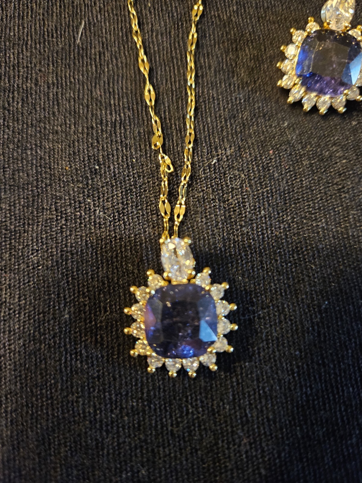 Gold Tone Purple Stone with Clear Accent Pendant Necklace & Earrings Jewelry Set