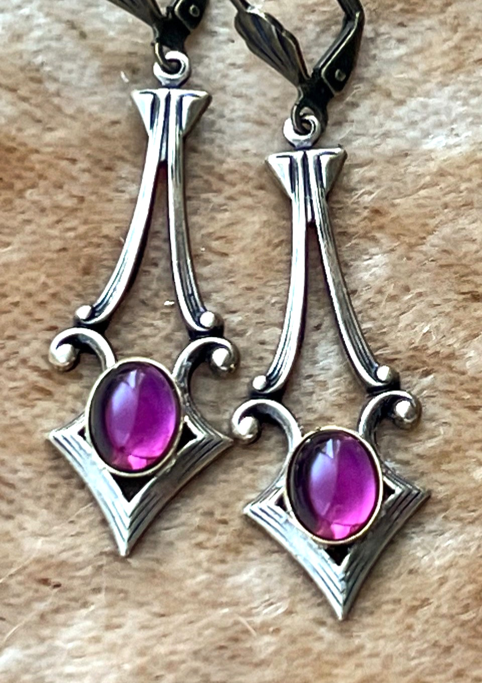 Art Nouveau Earrings Long Brass Spears W/ Vintage Amethyst Czech Glass Cabs
