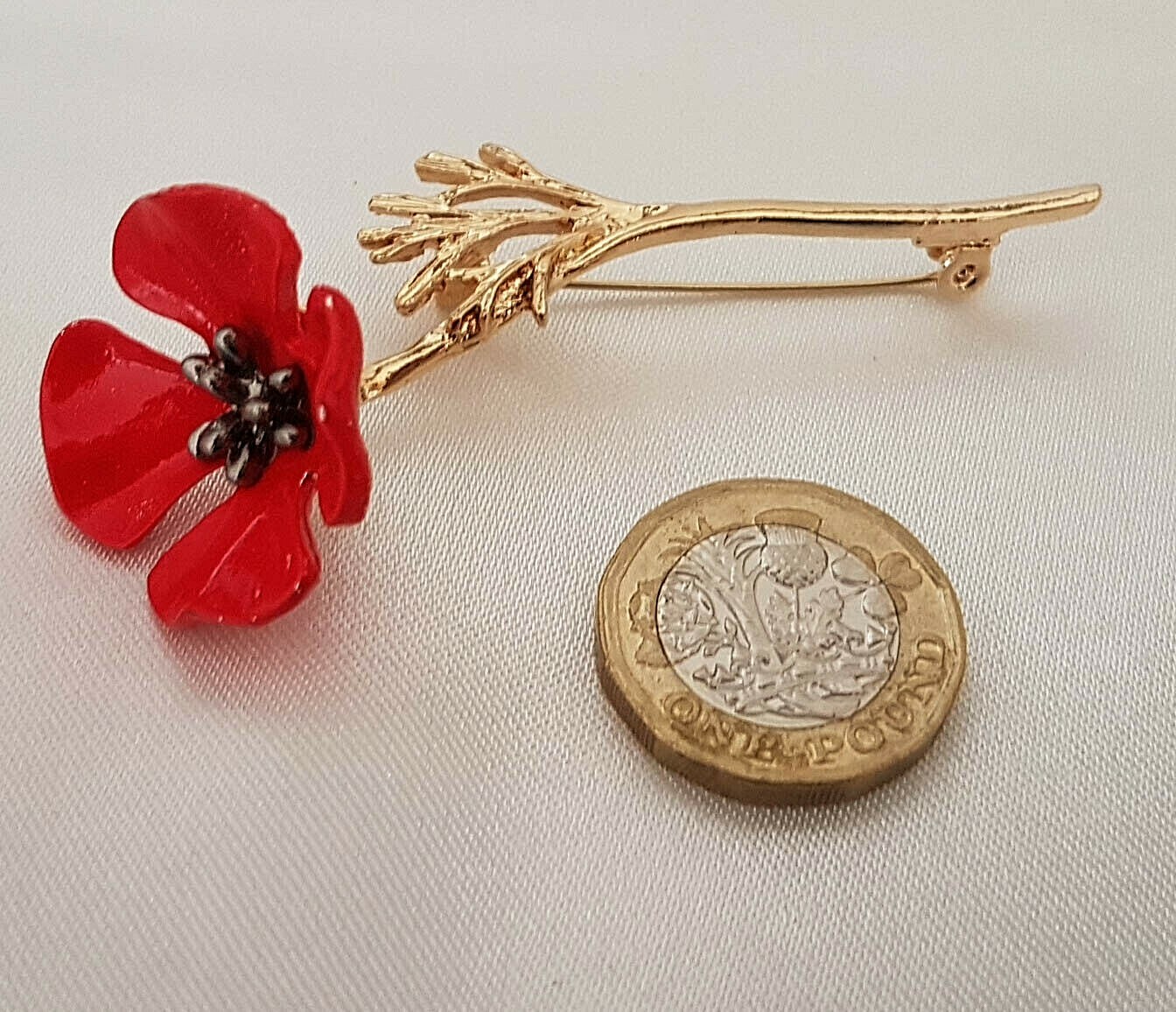 Enamel Red Poppy on Gold Stem Approx 75mm x 30mm By CassysJules