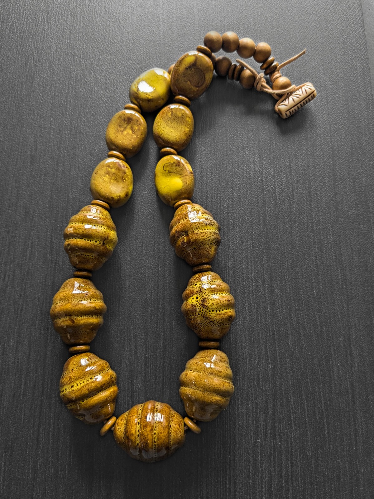 Handmade Mustard Yellow Chunky Ceramic Bead Necklace Gift Statement Jewelry