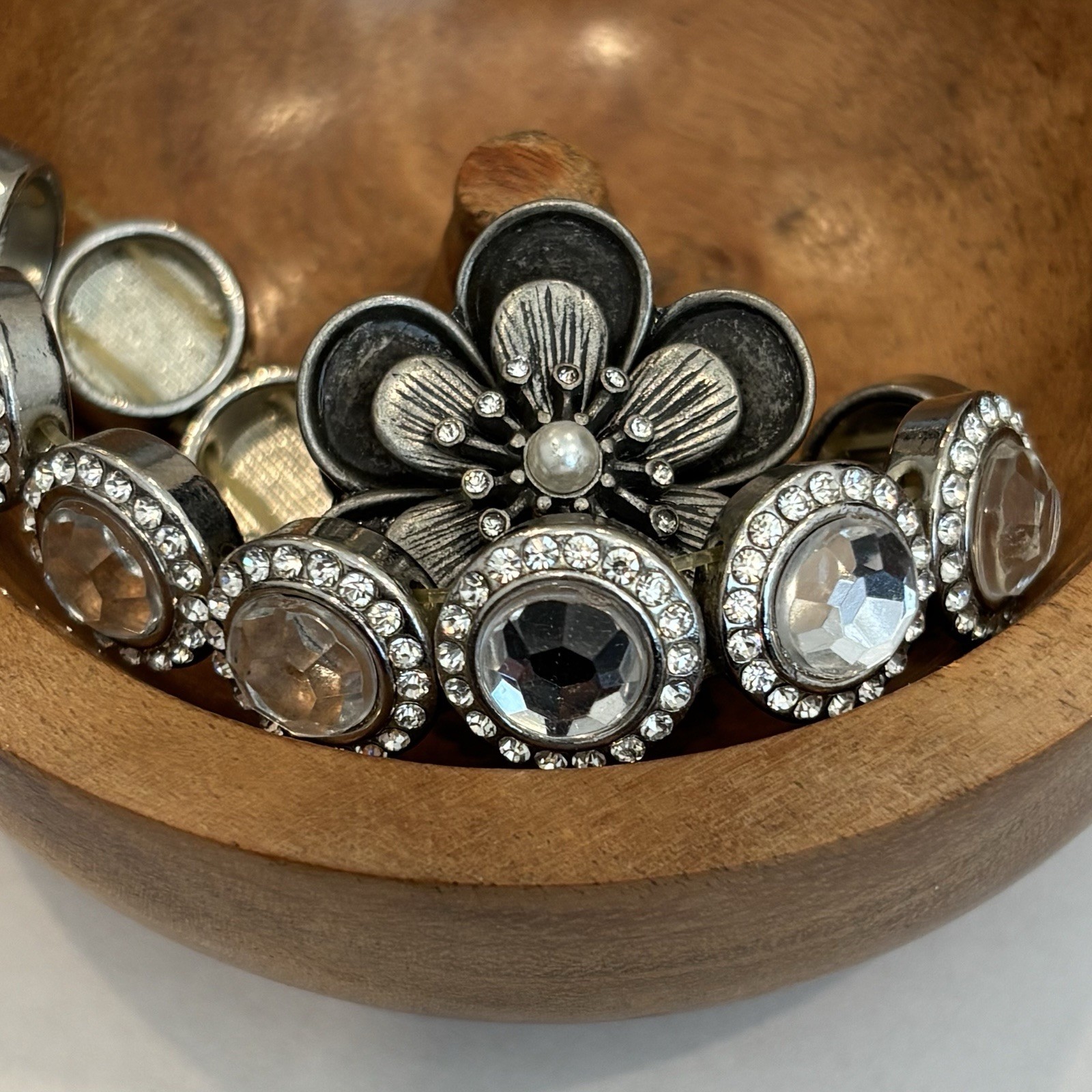 Vintage Silver Tone Rhinestone Stretch Bracelet + Flower Pearl Stretch Ring