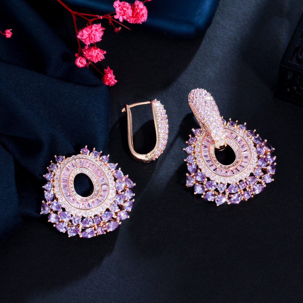 Statement 585 Gold Double Use Purple CZ Big Pave Dangle Drop Earrings for Women