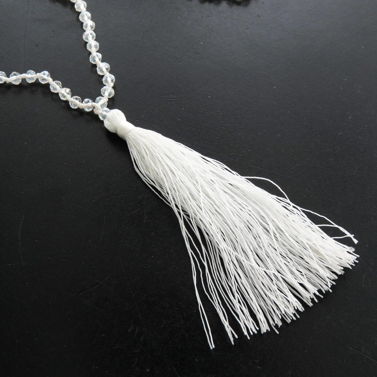 Long Beaded White And Clear Beads With Tassel Pendant Necklace, 32″