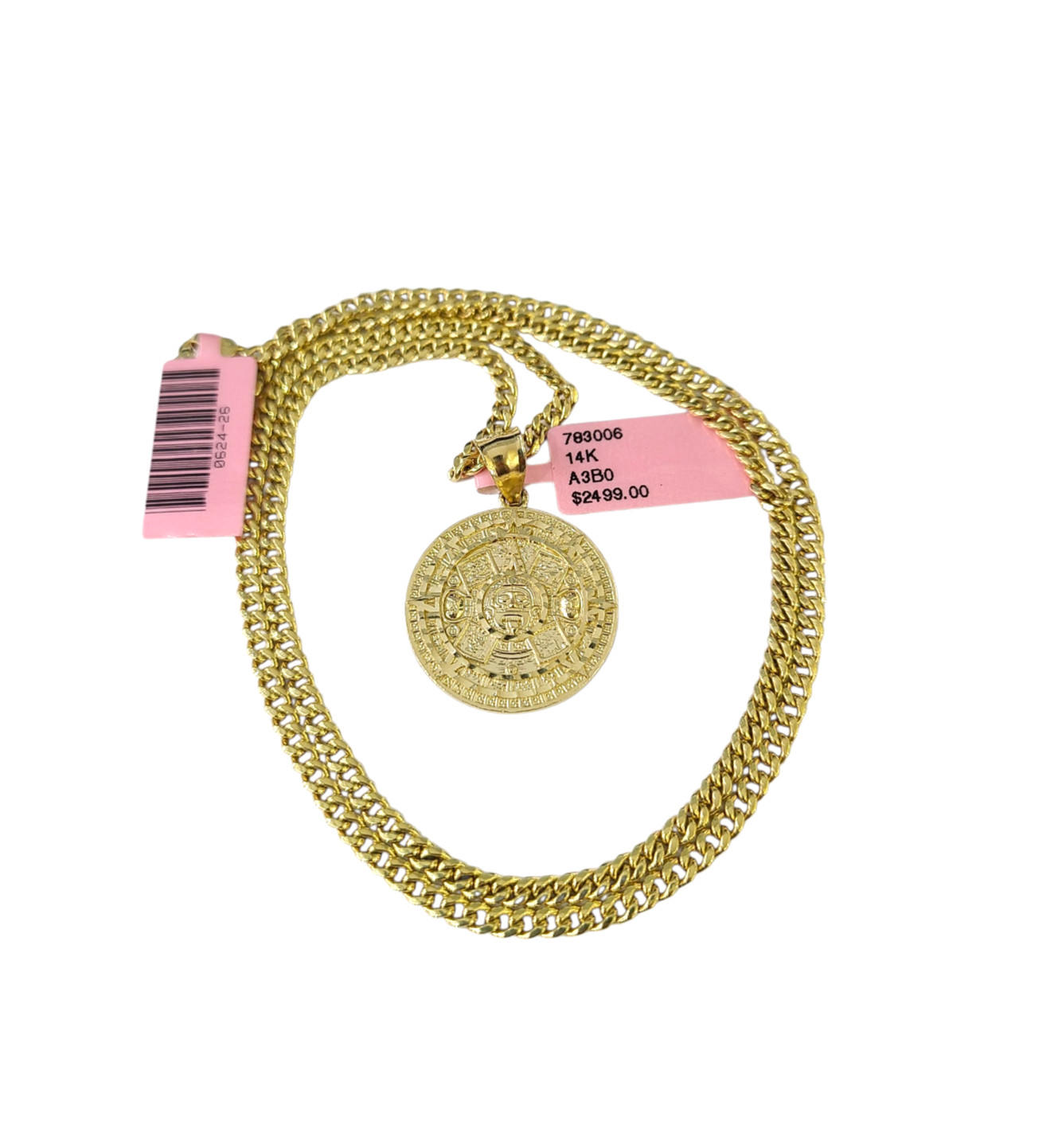 14K Gold Miami Cuban Link Chain Mayan Calendar Charm Pendant Set 3mm 18″–28″