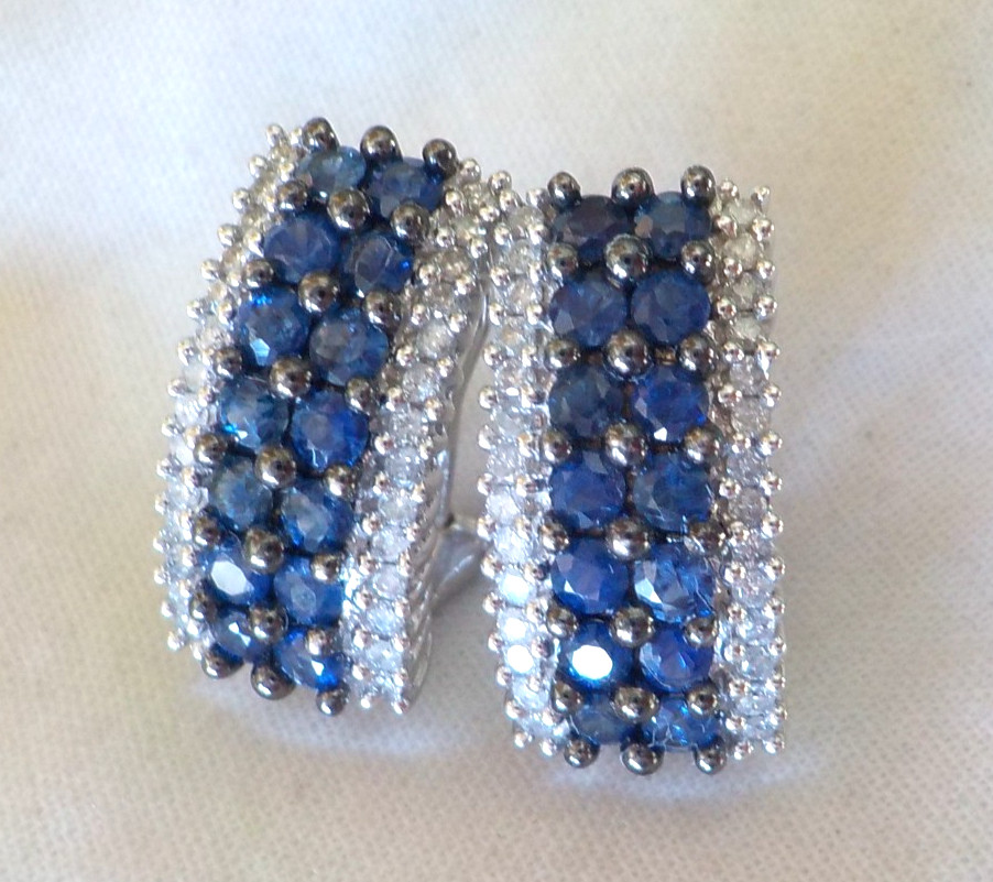 Heavy 14k White Gold Hoop Sapphire Diamond Earrings – 7.90 gms, 0.75 in, 2.52 ct