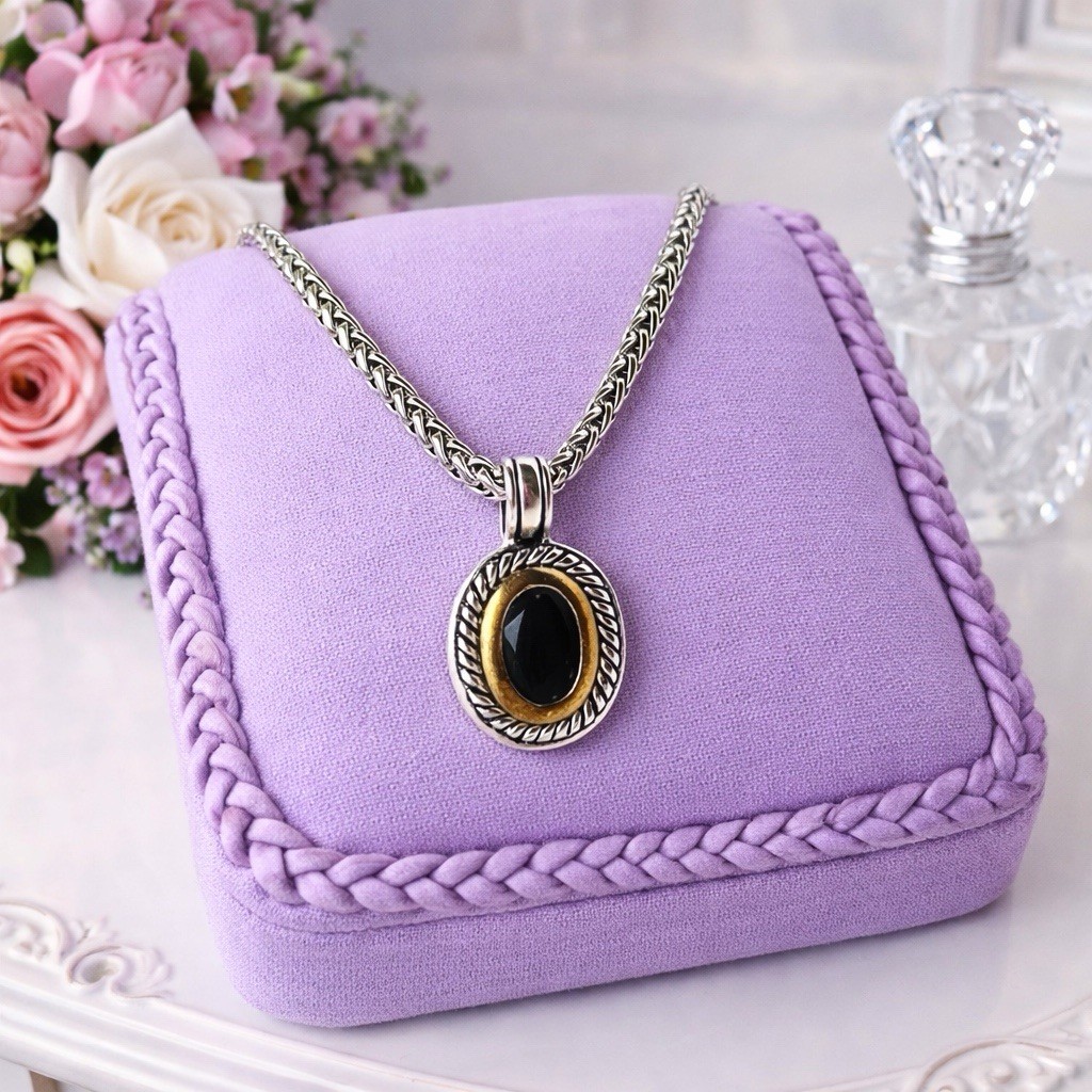 Vtg 18” Pendant Necklace – Dk Brown Glass Stone – 1” Rope Bezel – Twisted Chain