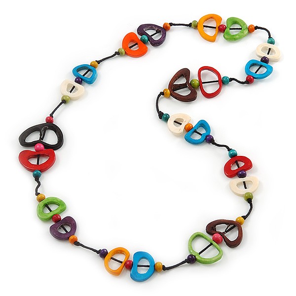 Long Wooden/ Bone Bead Cotton Cord Necklace In Multi – 92cm L