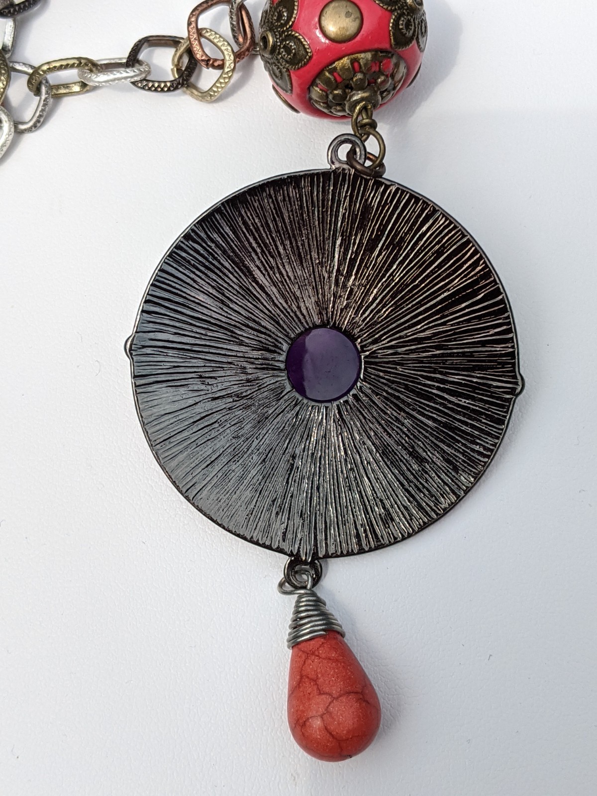 Copper Medallion on a Long Tri-colored Chain Necklace