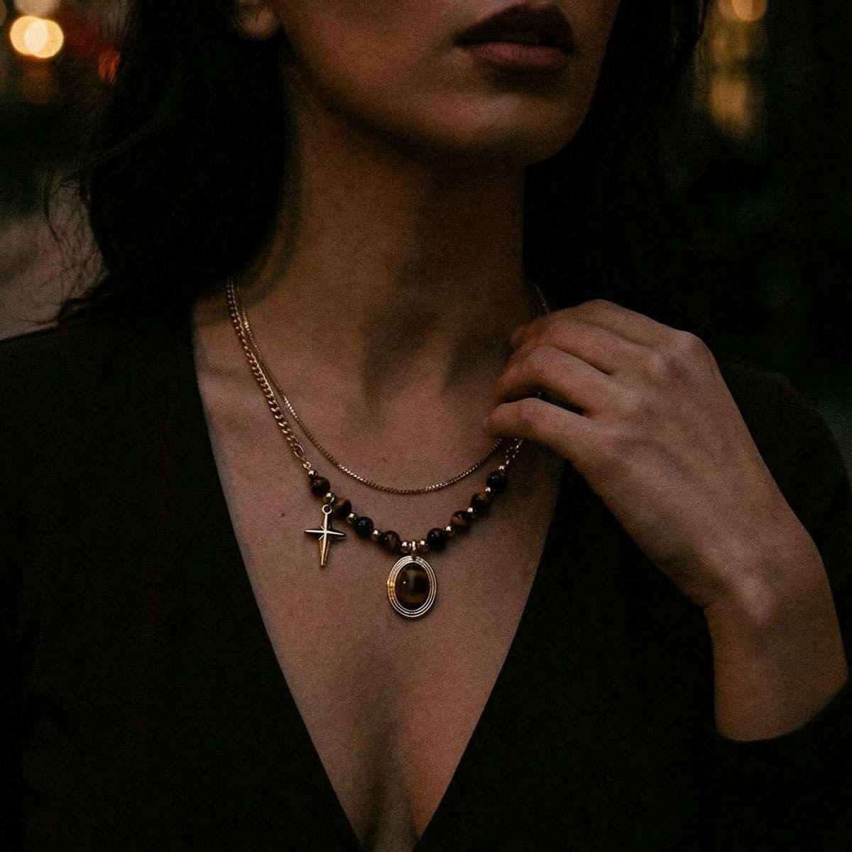 Tiger eye Beaded Necklace Healing Protection Handmade Women Double Pedant Stone